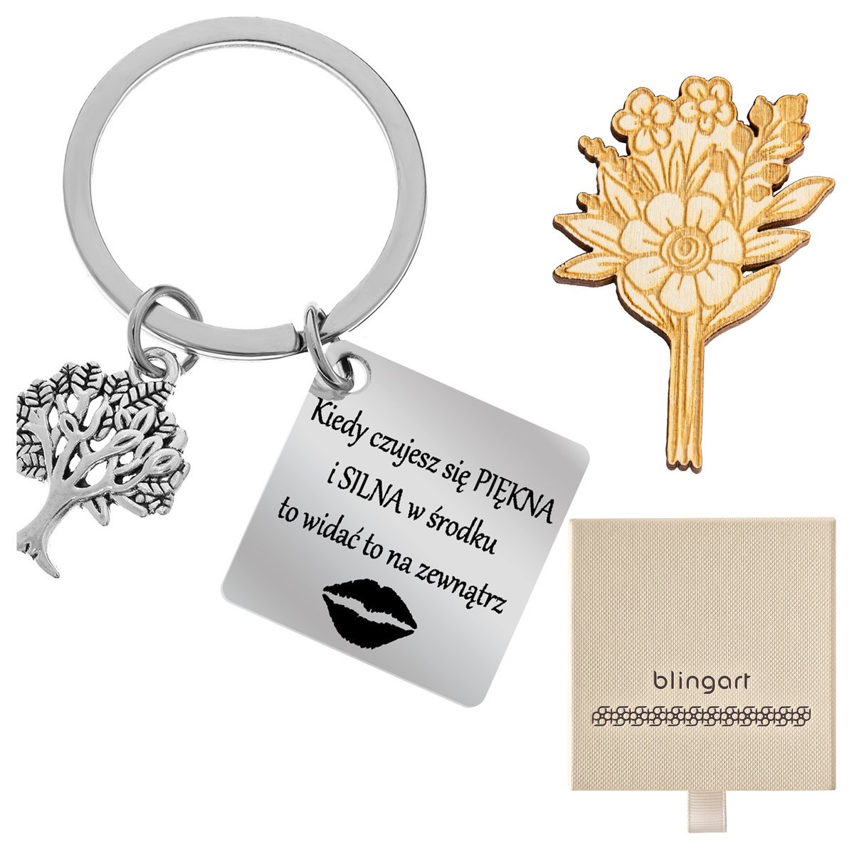 Brelok do kluczy z grawerem kwadrat DRZEWKO ażurow