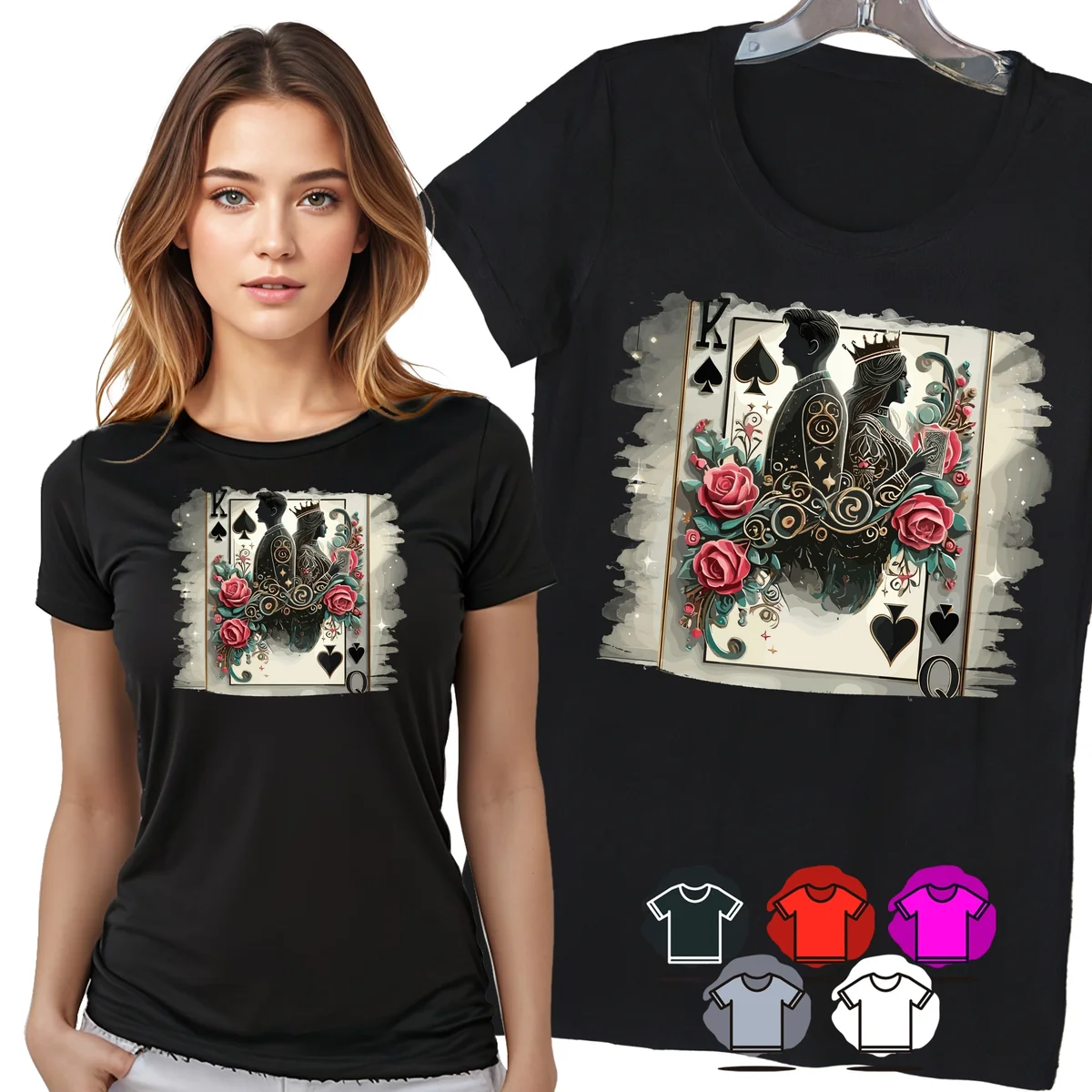 KOSZULKA DAMSKA T-SHIRT - KARTY POKER DAMA KRÓL KWIATY CZARNY WZÓR - XXL