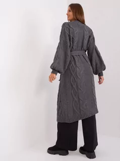Swetry damskie - Kardigan ciemny szary casual narzutka dekolt w kształcie V rękaw długi długość długa pasek wiązanie - grafika 1