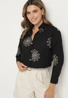 Koszule damskie - Czarna Bawełniana Koszula z Lnem Zdobiona Haftem Terkio - miniaturka - grafika 1