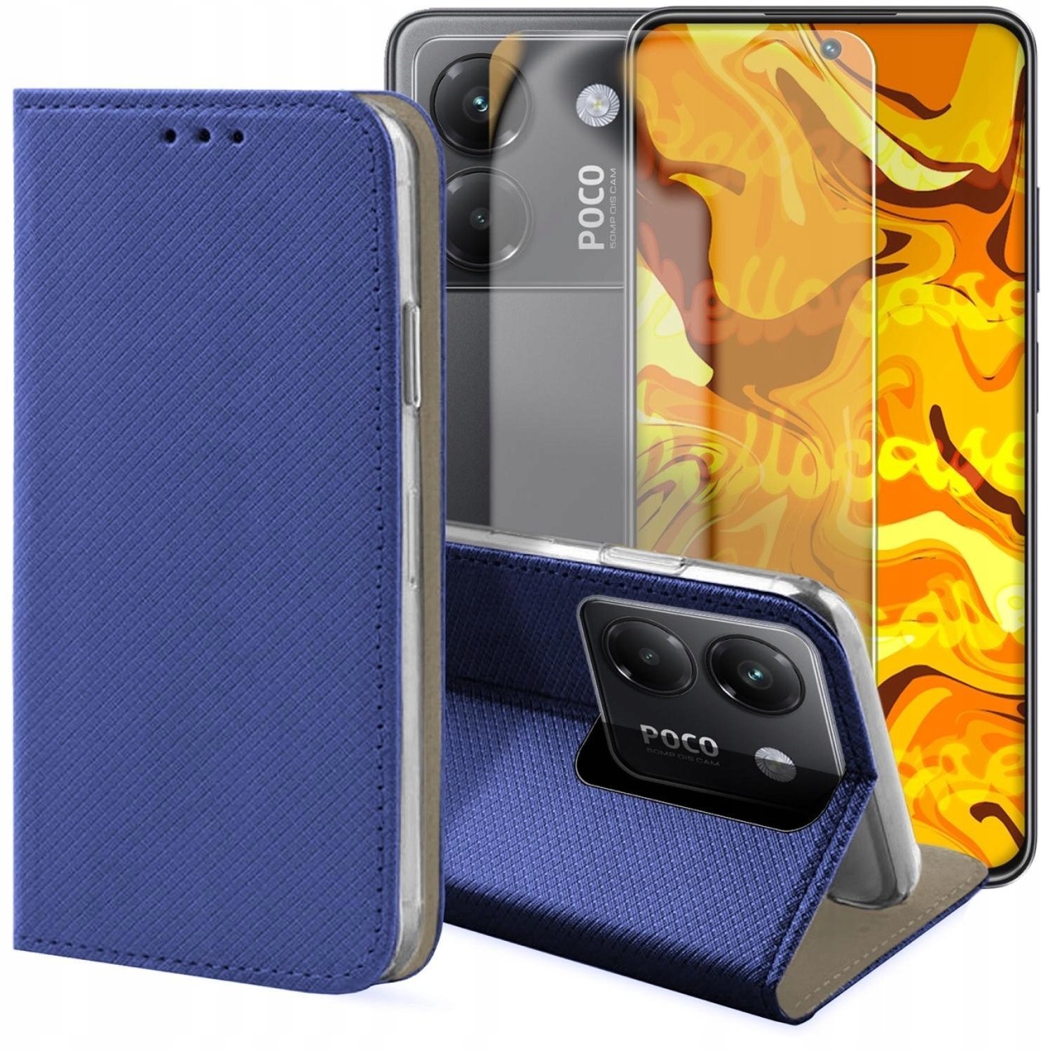 Hello Case Etui z Klapką Do Xiaomi Poco M7 Pro 5G Granatowe, Magnetyczne Szkło