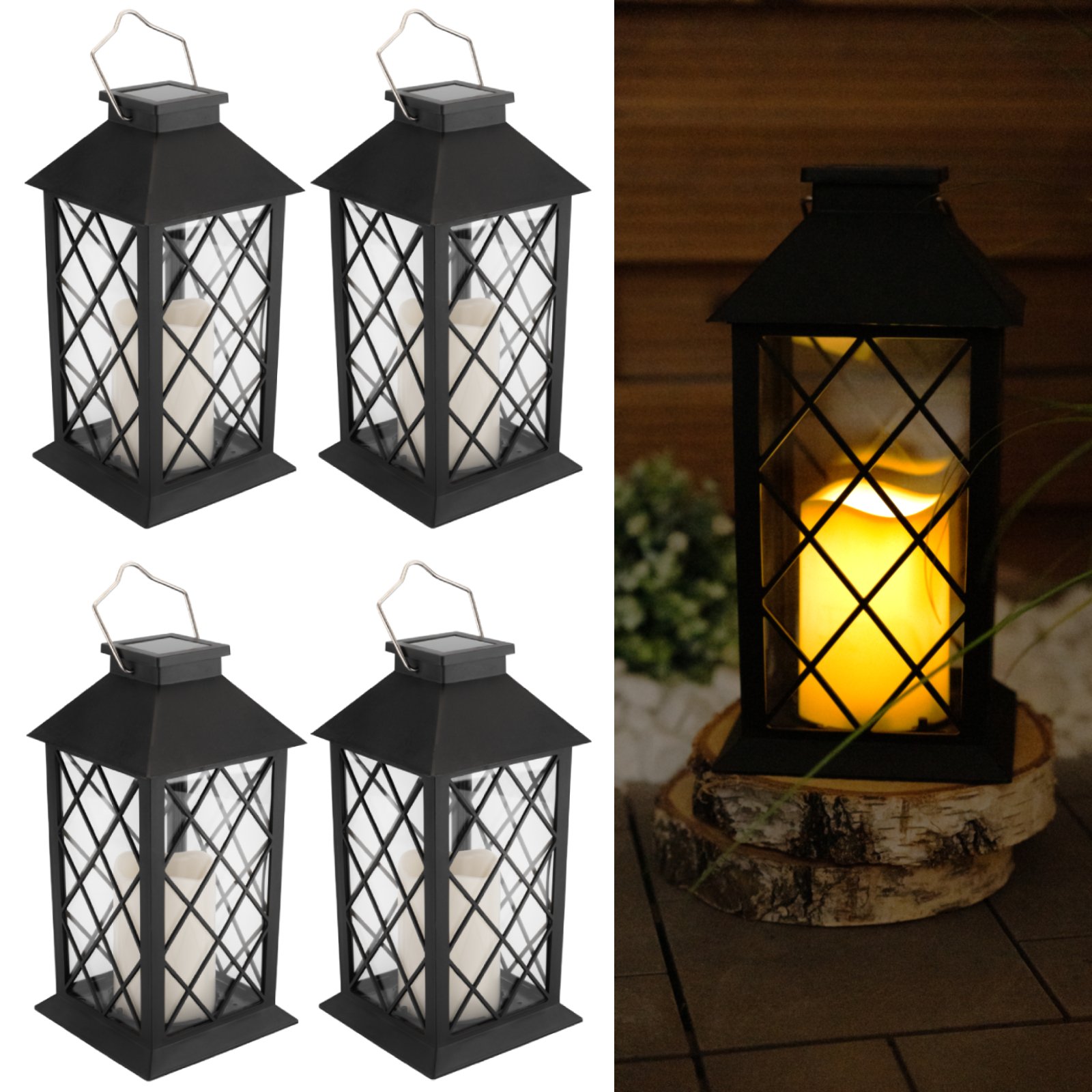 LUMILED 4x Zestaw Latarni Solarnych Zewnętrzne Latarnie Solarne Zewnętrzne Szklane Latarnie LED Latarnia Solarna Efekt płomienia Świeca Latarnia IP44 Vintage czarna Wisząca Dekoracyjna Lampa Zewnętrzna Lampa Ogrodowa