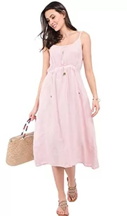 Bonateks damska sukienka 100% lniana wyprodukowana we Włoszech, długa sukienka z koronką z przodu i kieszeniami, różowa, rozmiar: XL, Różowy, XL - Sukienki - miniaturka - grafika 1