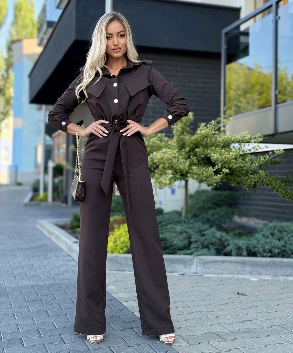 Elegancki Kombinezon Damski Wiązany w Talii Pasek Czekolada S