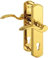 Klamki - Klamka-klamka Munchen ze stalową tarczą zabezpieczającą, 77-82 mm, kolor złoty błyszczący, wersja prawa - miniaturka - grafika 1