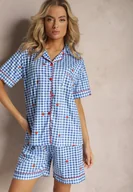 Piżamy damskie - Niebiesko-Biały Komplet Piżamowy Koszula na Guziki i Szorty o Luźnym Fasonie w Kratę Anseli - Renee - miniaturka - grafika 1