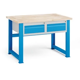 Stół warsztatowy KOVONA, 2 szuflady na narzędzia, blat z drewna bukowego, stałe nogi, 1200 mm - Stoły warsztatowe - miniaturka - grafika 1