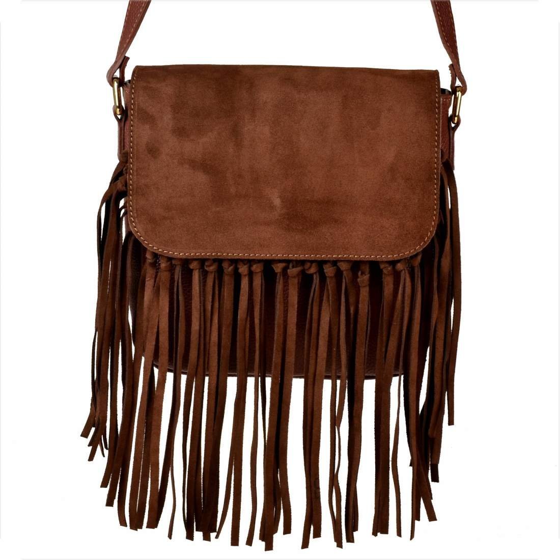 Vera Pelle włoska listonoszka z frędzlami skóra naturalna zamszowa i licowa koniak brąz