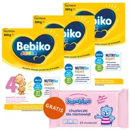 Mleko modyfikowane - Zestaw Bebiko Junior 4 Nutriflor Expert, odżywcza formuła na bazie mleka, powyżej 2 roku, 3 x 600 g + Bambino, chusteczki nawilżane, od urodzenia, 63 sztuki gratis - miniaturka - grafika 1