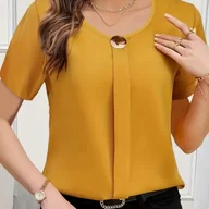Koszule damskie - TEMU Musztardowa Żółta Elegancka Bluzka Damska - Okrągły Dekolt, Krótki Rękaw na Wiosnę/, Uniwersalna Koszula do Codziennych i Formalnych Strojów, - miniaturka - grafika 1