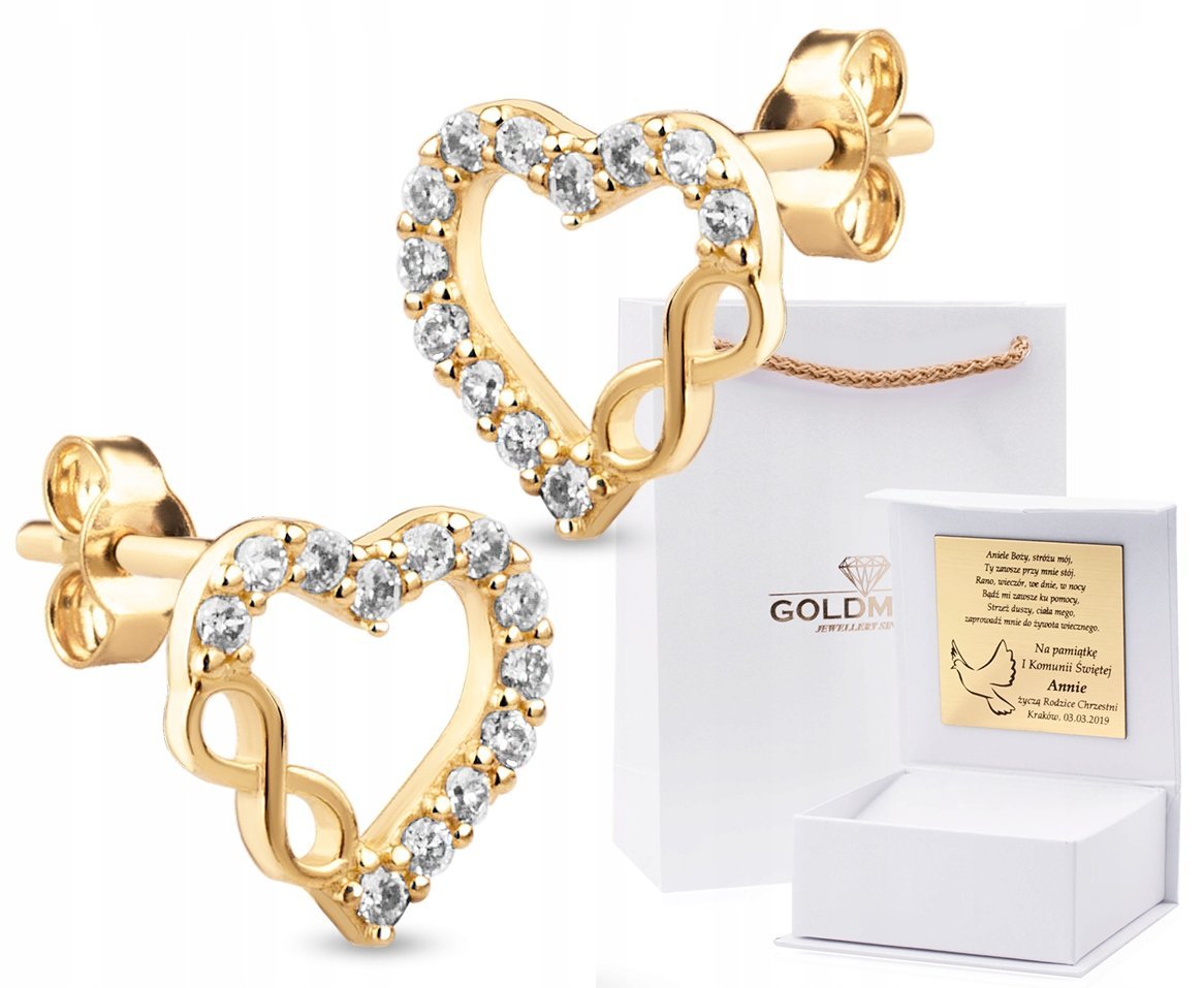 ZŁOTE KOLCZYKI SERCE NIESKOŃCZONOŚĆ GRAWER 333 8KT