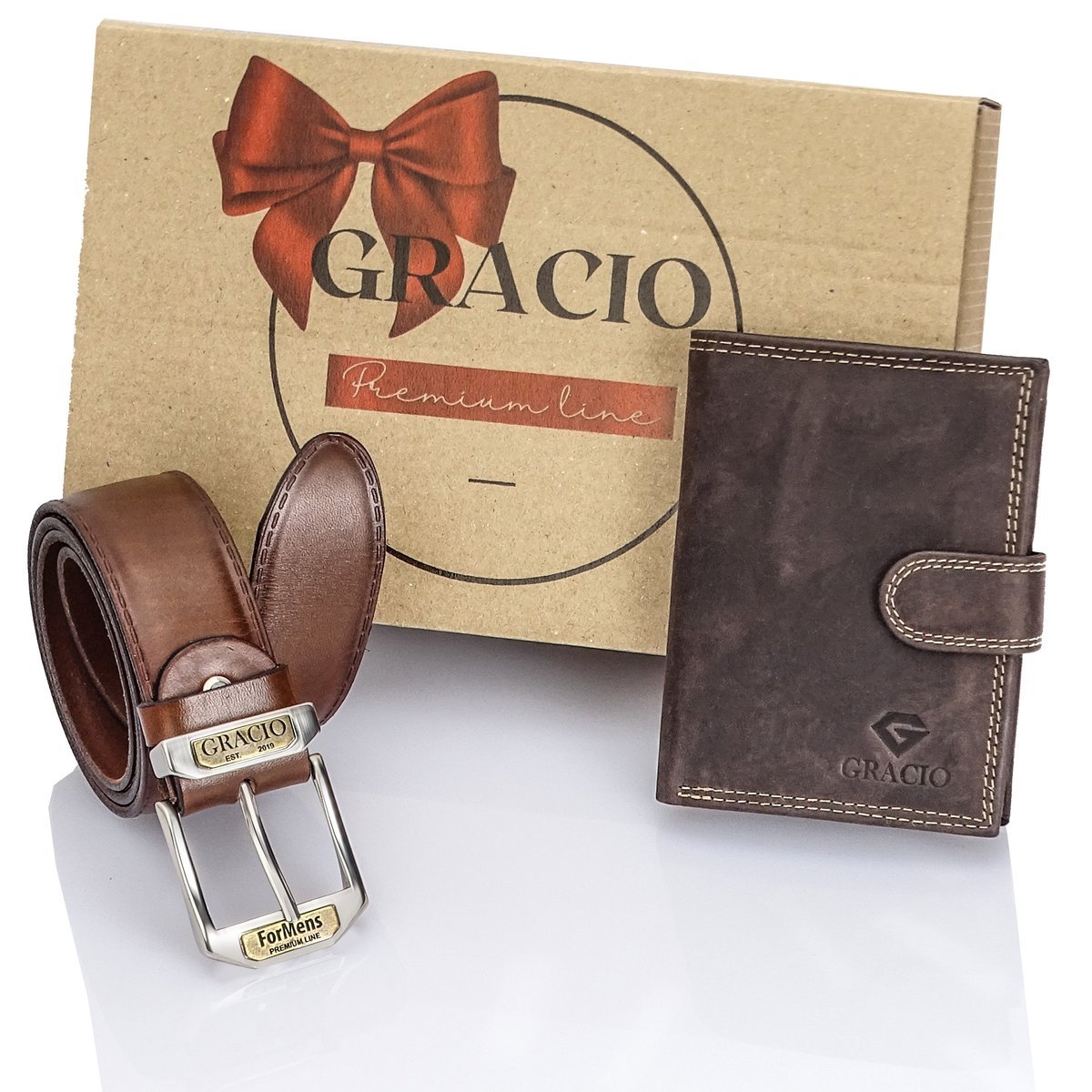 GRACIO zestaw prezentowy dla mężczyzny, skórzany pasek i portfel, brąz, box