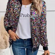 Kurtki damskie - TEMU Elegancka Kurtka z Cekinami dla Kobiet - Styl Bombowca z Zipsem, Stójką Baseballową, Długimi Rękawami i Kolorowym Wzorem w Kropki - Idealna na - miniaturka - grafika 1