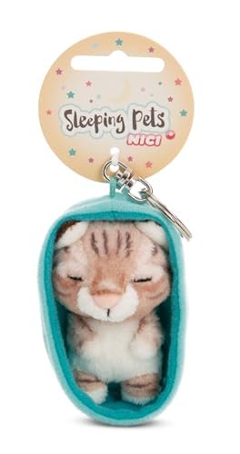 NICI 61608 Sleeping Pets breloczek kotek w tygrysie cętki w koszyczku, wierny towarzysz do plecaka lub torby, zawieszka do kluczy dla małych i dużych, 8 cm, brązowy