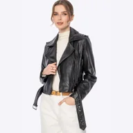 Kurtki damskie - Damska kurtka biker ze skóry czarna - miniaturka - grafika 1