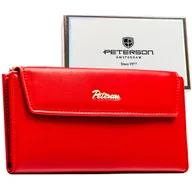 Portfele - Czerwony portfel damski PETERSON slim na zatrzask i suwak rozbudowany na karty elegancki na prezent - miniaturka - grafika 1