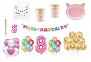 Zestaw Kotek 8 Urodziny Balony Talerzyki Kubeczki Baner świeczka fontanna - Miseczki i talerzyki dla dzieci - miniaturka - grafika 1