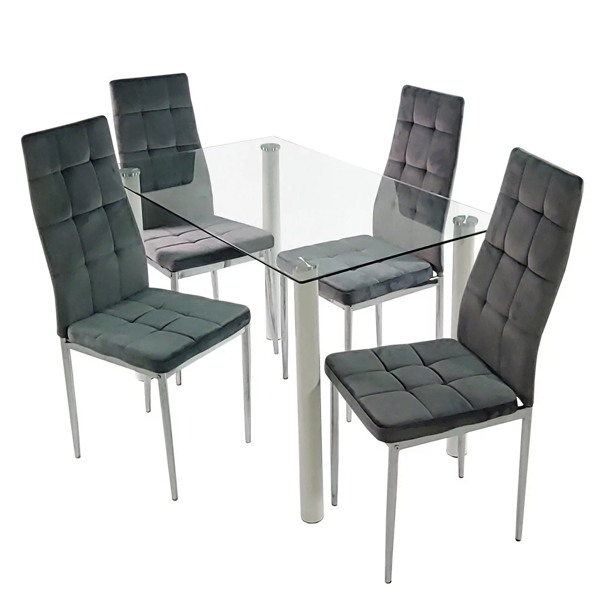 Stół NICEA biały i 4 krzesła MONAKO VELVET szare