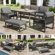 Meble ogrodowe - Zestaw mebli ogrodowych metalowych 6-osobowy: 1 sofa 3-osobowa + 2 fotele + 1 ławka + stół 100 x 60 x 71 cm - Szary - miniaturka - grafika 1