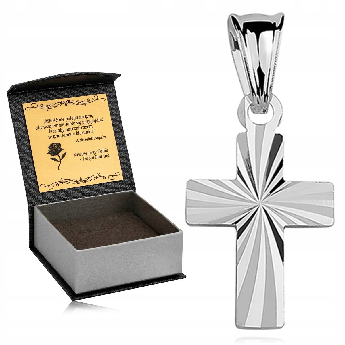 PIĘKNY SREBRNY MAŁY KRZYŻYK DIAMENTOWANY RODOWANE SREBRO PRÓBY 925 + GRAWER