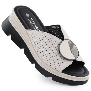 Skórzane klapki damskie na koturnie ażurowe beżowe S.Barski LR51-662 beżowy - Klapki i japonki damskie - miniaturka - grafika 1