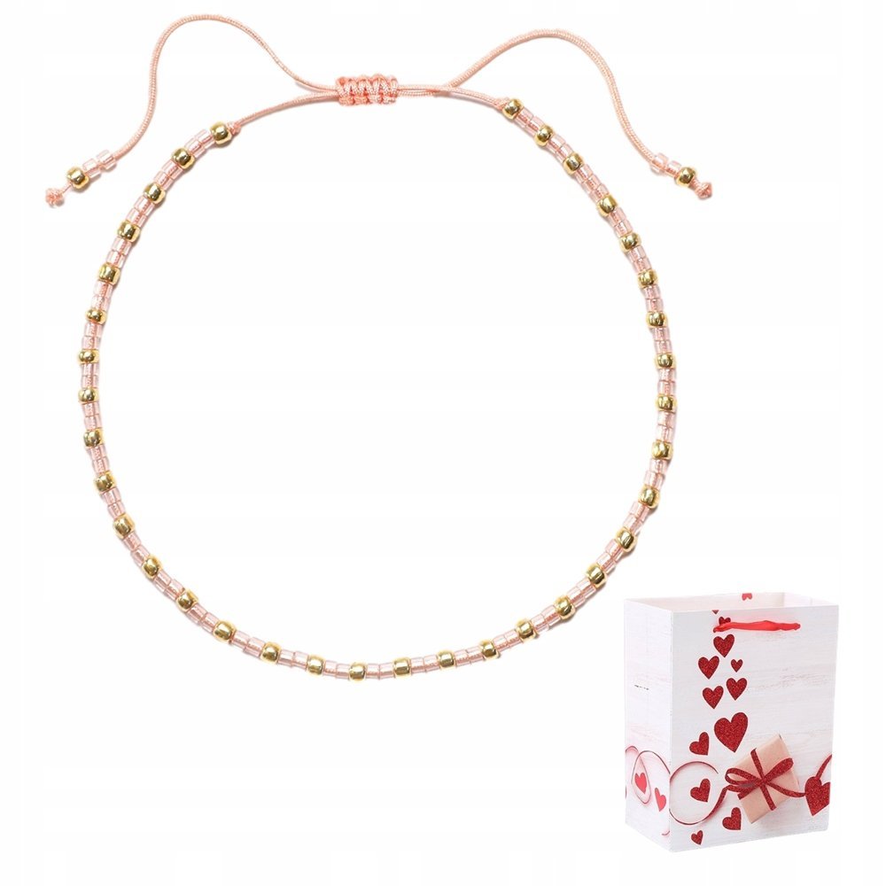 Bransoletka Cienka Złota Regulowana Koralik Szklane Miyuki Delica Różowa