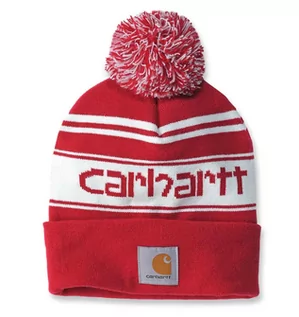 Czapki damskie - Czapka zimowa z pomponem Carhartt Knit Pom-Pom Cuffed Logo Beanie Red Winter White Marl - grafika 1