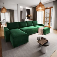 Pościel - Masseno Narożnik DENI z funkcją spania i pojemnikiem na pościel Kształt U, Rozkładana sofa, Rogówka - Butelkowa zieleń, MONOLITH 37 - miniaturka - grafika 1