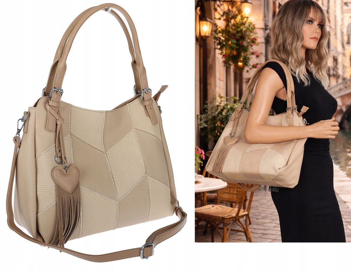Torebka Damska Listonoszka Worek Shopper Modna Torba na Ramię MC674 Beżowa