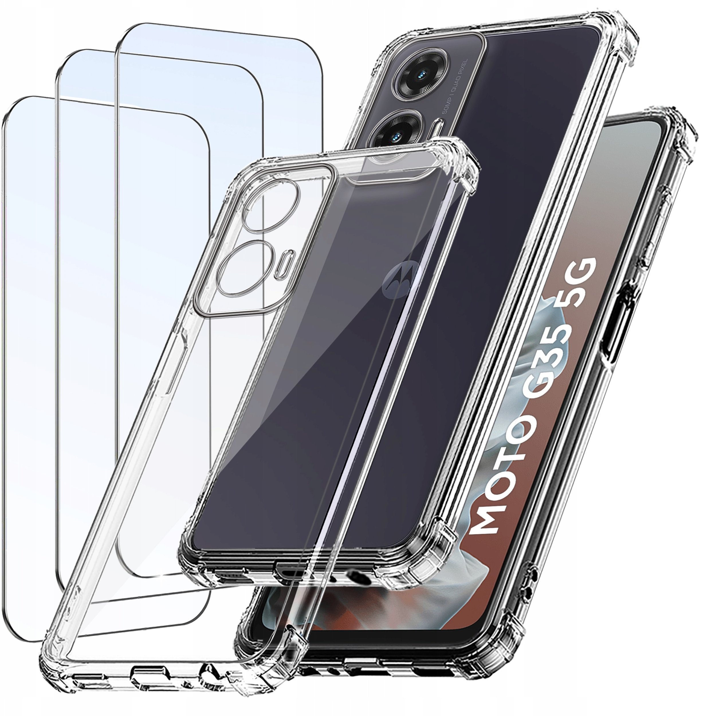 ZESTAW Etui do Motorola G35 5G ANTI-SHOCK CLEAR WZMACNIANE +3 SZTUKI SZKŁO