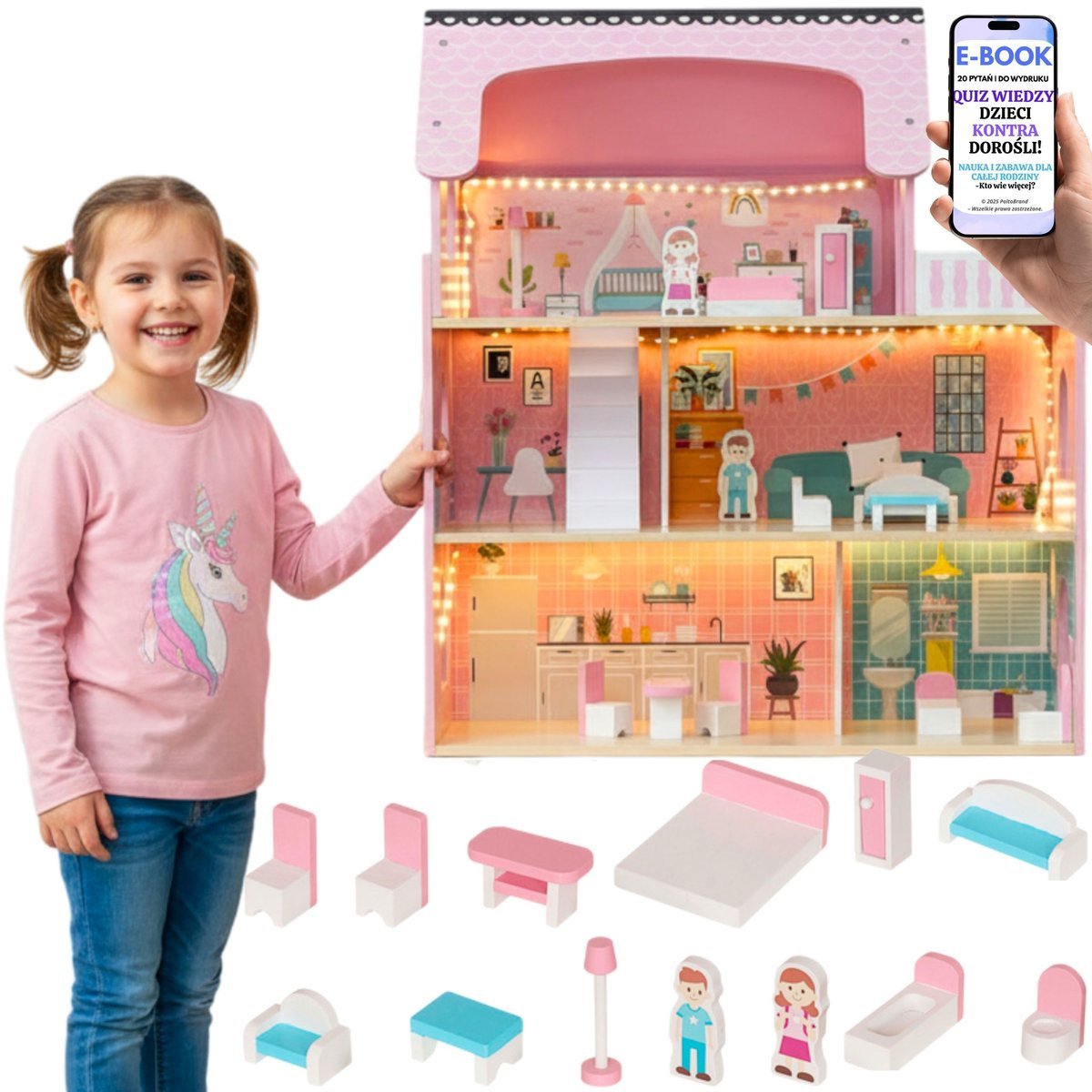 SOLIDNY DREWNIANY DOMEK DLA LALEK LED Dla Dziewczynki + Mebelki + Balkon Z OŚWIETLENIEM Prezent Dla Córki Wnuczki Czterolatki Pięciolatki Na Święta ..