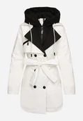Kurtki damskie - Biała Kurtka Płaszcz z Kapturem Dwurzędowa z Paskiem w Talii Eriviana - miniaturka - grafika 1