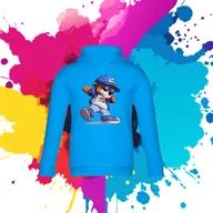 Bluzy dla dziewczynek - Bluza dziecięca typu kangurka z kapturem w kolorze błękitnym z nadrukiem miś Skejtuś 2 lata - miniaturka - grafika 1