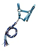 Maskotki i pluszaki - Zestaw dla hobby horse kantar z uwiązem w odcieniach pudrowego różu, niebies… - miniaturka - grafika 1