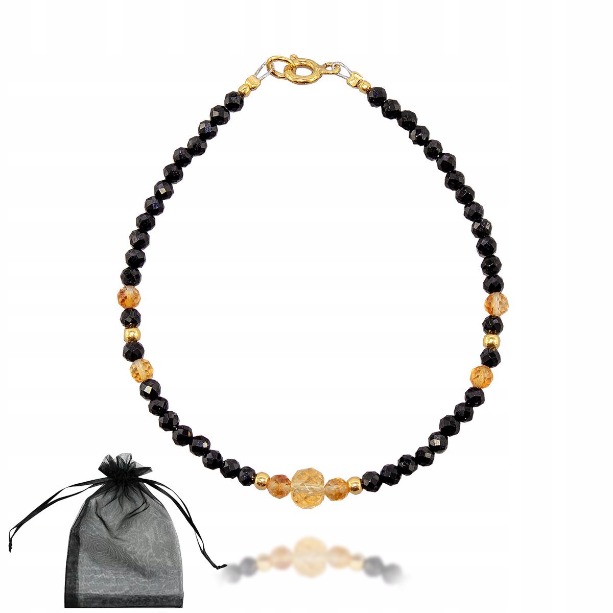 Czarny Turmalin i Cytryn Bransoletka Pozłacana Srebro 925 Prezent 17cm