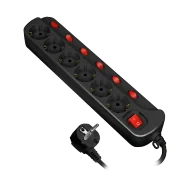 Listwy zasilające - Listwa zasilająca &quot;Multiswitch&quot;, 6 gniazd 2P+Z (Schuko), kabel 3x1,0mm?, długość 1,5m. Wyłącznik termiczny. 10A/230 VAC, czarny - miniaturka - grafika 1