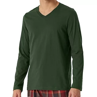 Koszulki męskie - Schiesser Męska koszulka do spania z długim rękawem z dekoltem w serek + relaksacyjny top piżamowy, ciemnozielony, 48, ciemnozielony, 48 - grafika 1