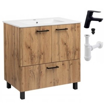 Szafka do Łazienki z Umywalką Stojąca 80x47cm Dąb Wotan +Bateria Czarna Sig