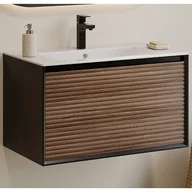 Szafki łazienkowe - Szafka pod umywalkę wisząca ryflowana - Naturalny ciemny i czarny - 80 cm - BANIVA - miniaturka - grafika 1