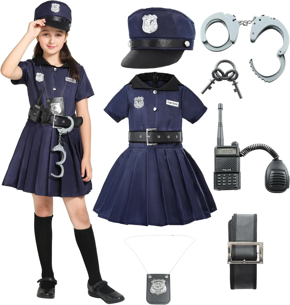 KOSTIUM POLICJANTKA DLA DZIECI PRZEBRANIE SUKIENKA HAT PASEK ODZNAKA