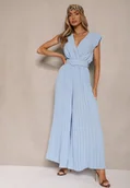 Kombinezony - Jasnoniebieski Kopertowy Kombinezon Wide Leg Zdobiony Plisami i Paskiem z Klamrą Salirella - miniaturka - grafika 1