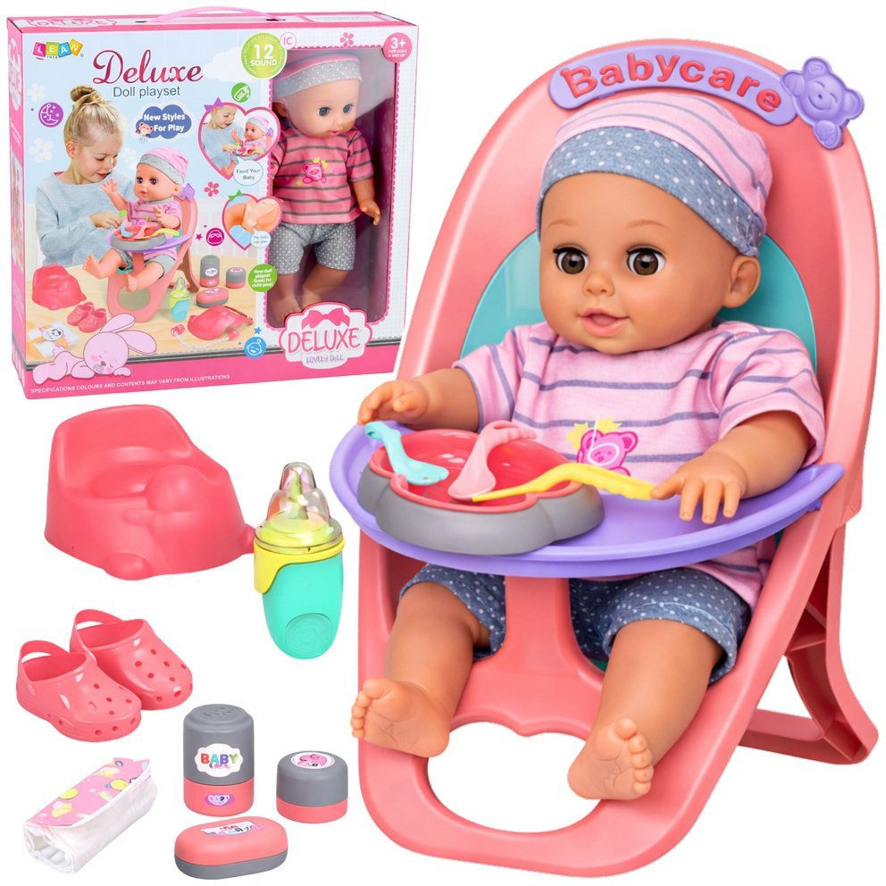 LeanToys Lalka Bobas Siusiająca Gaworzy Płacze Mówi 12 Dźwięków Akcesoria Krzesełko