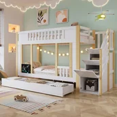 Łóżka dla dzieci i młodzieży - Łóżka piętrowe 2 x 90 x 200 cm z 3 szufladami i 3 drzwiami - Sosna + MDF + PB + sklejka - Białe + naturalne (Bez materaca) - miniaturka - grafika 1