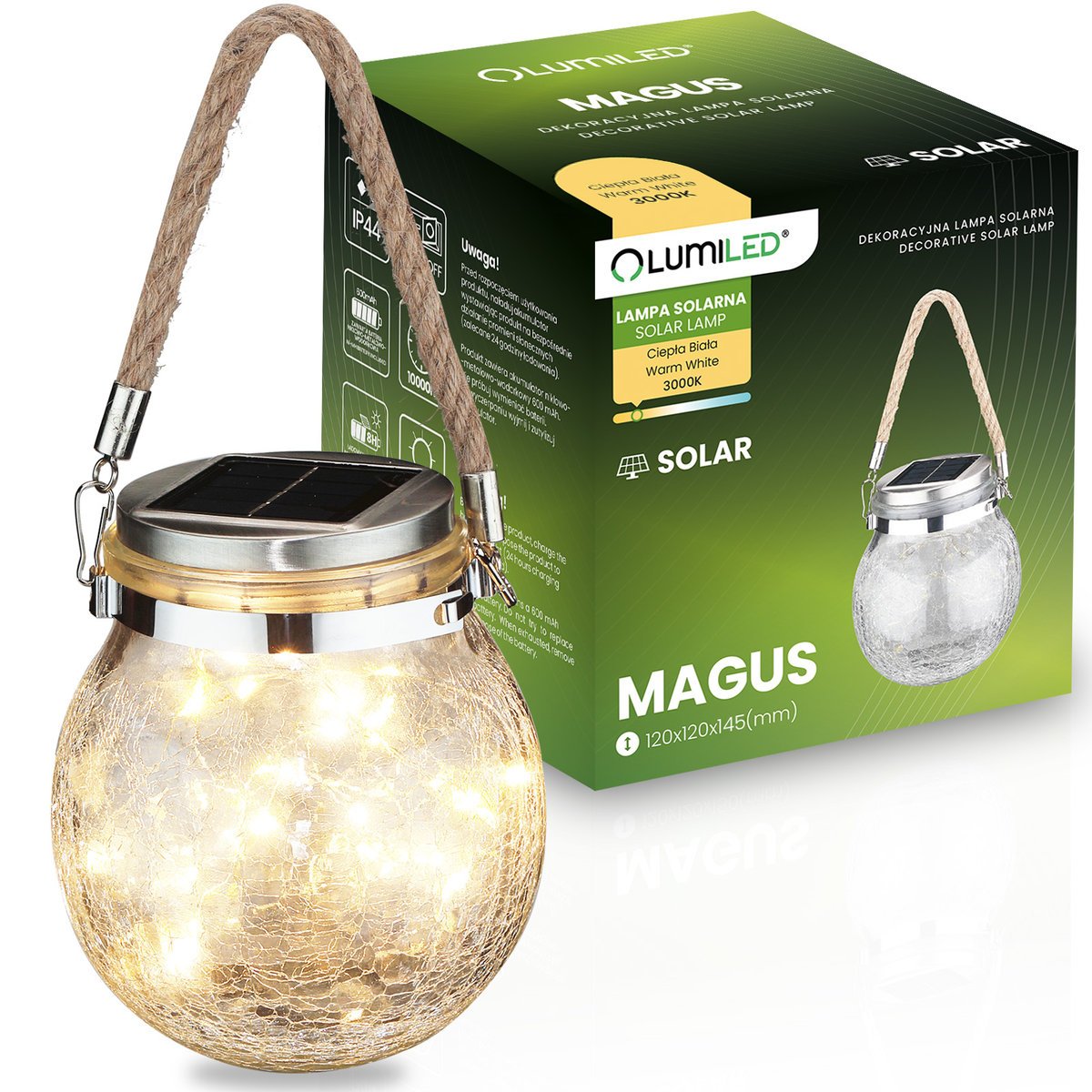 Lumiled Lampa Solarna Ogrodowa LED MAGUS 3000K Latarenka Lampion na Baterie Kula Szklana Słoik