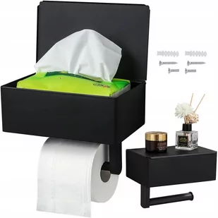 Uchwyt na papier toaletowy Z PÓŁKĄ NA TELEFON I SCHOWKIEM wc metalowy 3w1 TOI-PAP2 CZARNY - Stojaki i wieszaki na papier toaletowy - miniaturka - grafika 1