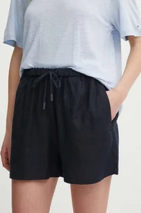 Tommy Hilfiger szorty lniane kolor granatowy gładkie high waist WW0WW41376 - Spodenki damskie - miniaturka - grafika 1