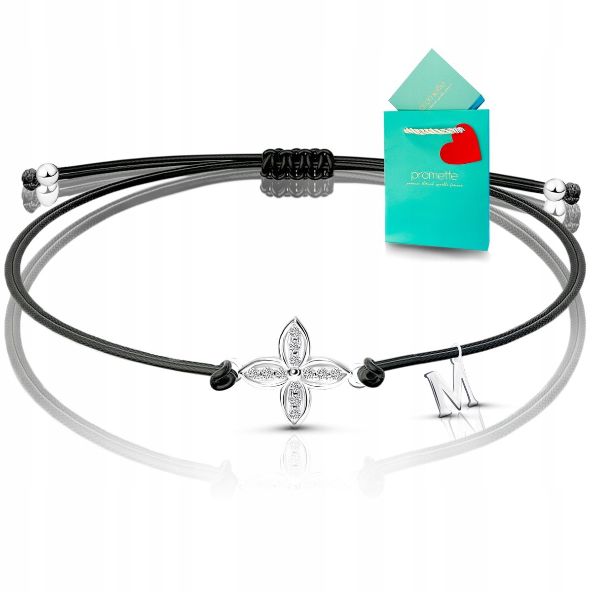 Bransoletka koniczynka na czarnym sznurku srebrna damska z literką 925