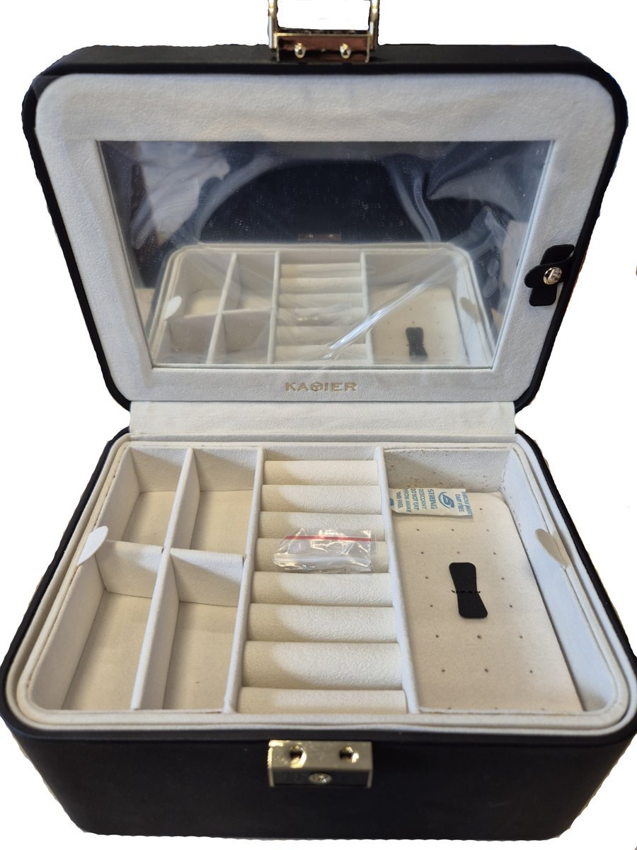 Szkatułka na Biżuterie 2-Poziomowa z Lusterkiem Zamykana na Klucz CZARNA