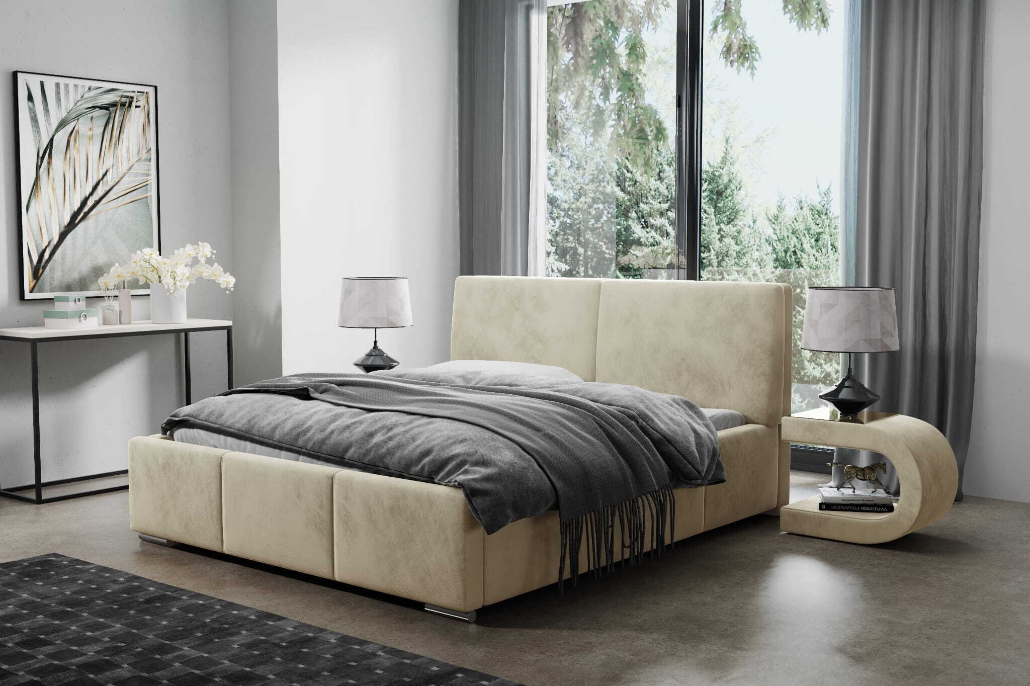 Łóżko tapicerowane AGMAT FIGO z wezgłowiem, 160 x 200 cm, łóżko podwójne z podstawą łóżka i metalową ramą z listew, tkanina welurowa: beżowy