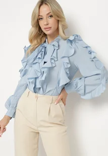 Niebieska Koszula z Wiskozą o Luźnym Kroju z Falbanami i Wiązaniem Ravionel - Koszule damskie - miniaturka - grafika 1